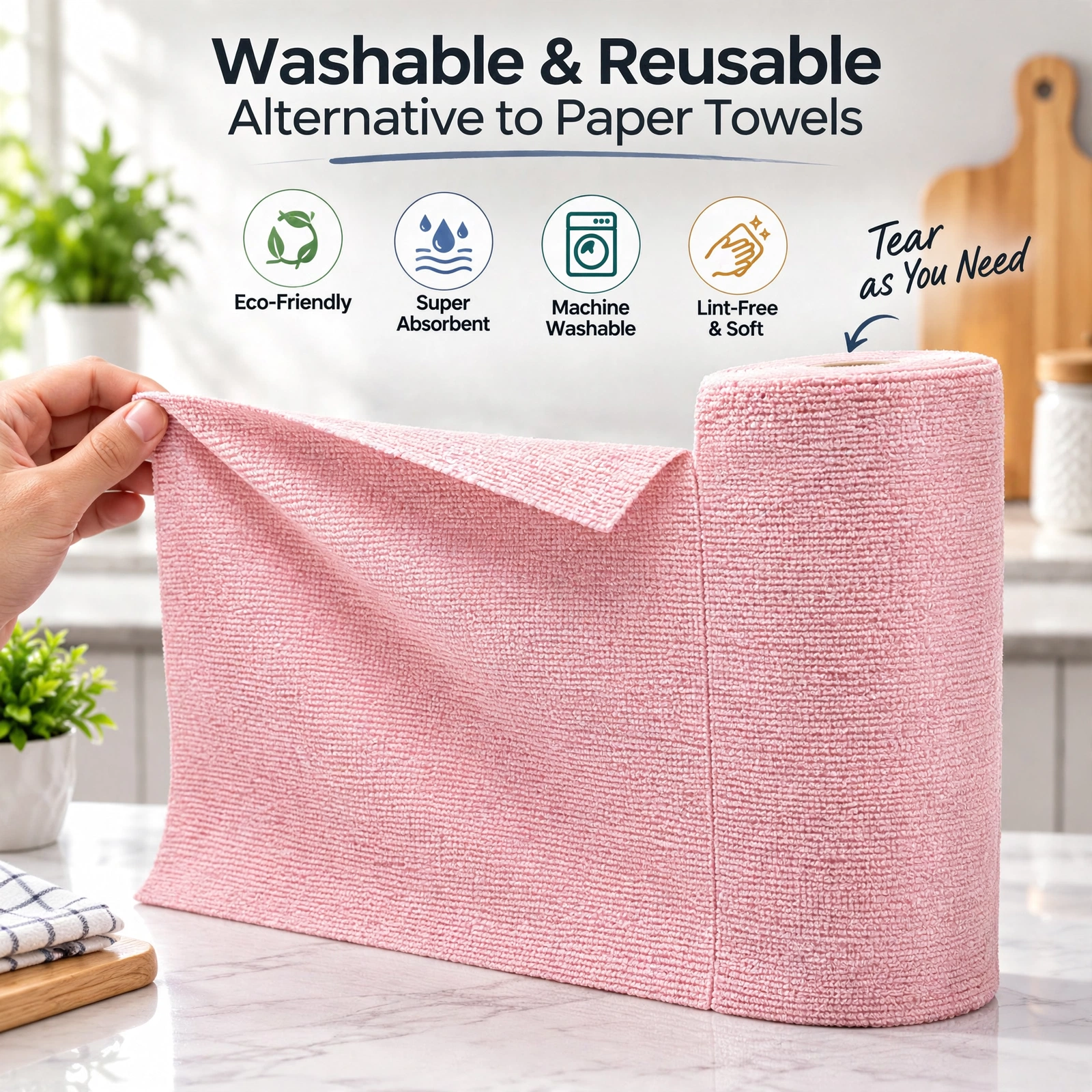 Reusable Kitchen Towel Roll – Pink Color – Washable and Soft Microfiber Fabric – 20 Pcs - Image 2